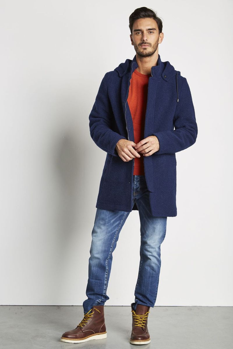 Cappotto Blu con Cappuccio Rimovibile e Collo Revers
