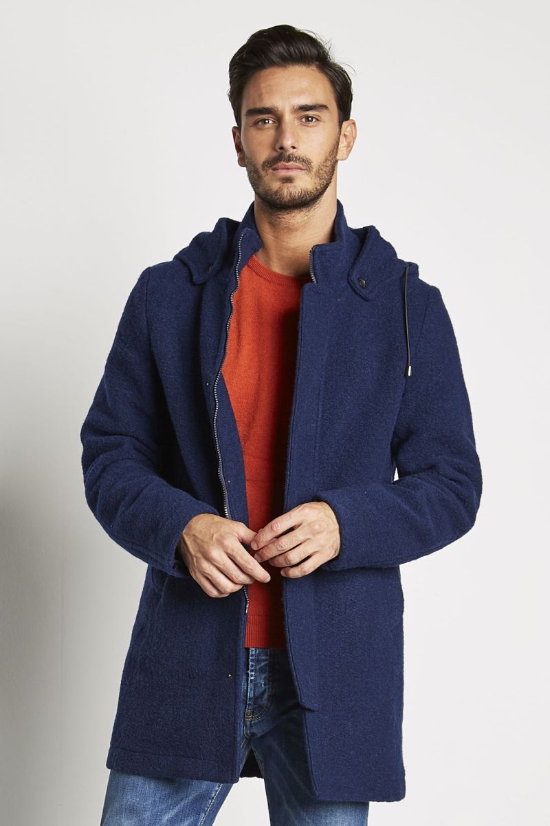 Cappotto Blu con Cappuccio Rimovibile e Collo Revers