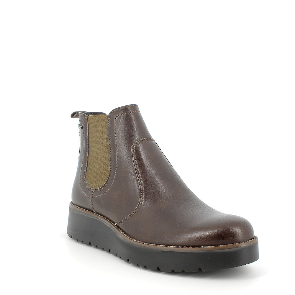 Tronchetto marrone scuro in pelle con elastici laterali e zeppa 3,2 cm