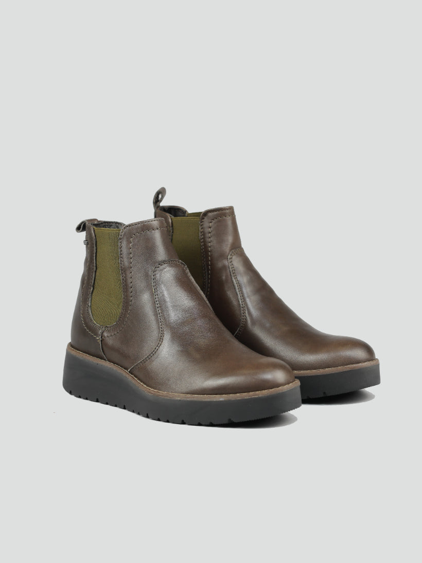 Tronchetto marrone scuro in pelle con elastici laterali e zeppa 3,2 cm