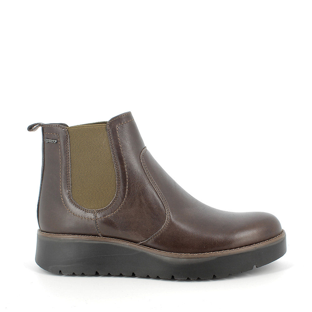 Tronchetto marrone scuro in pelle con elastici laterali e zeppa 3,2 cm