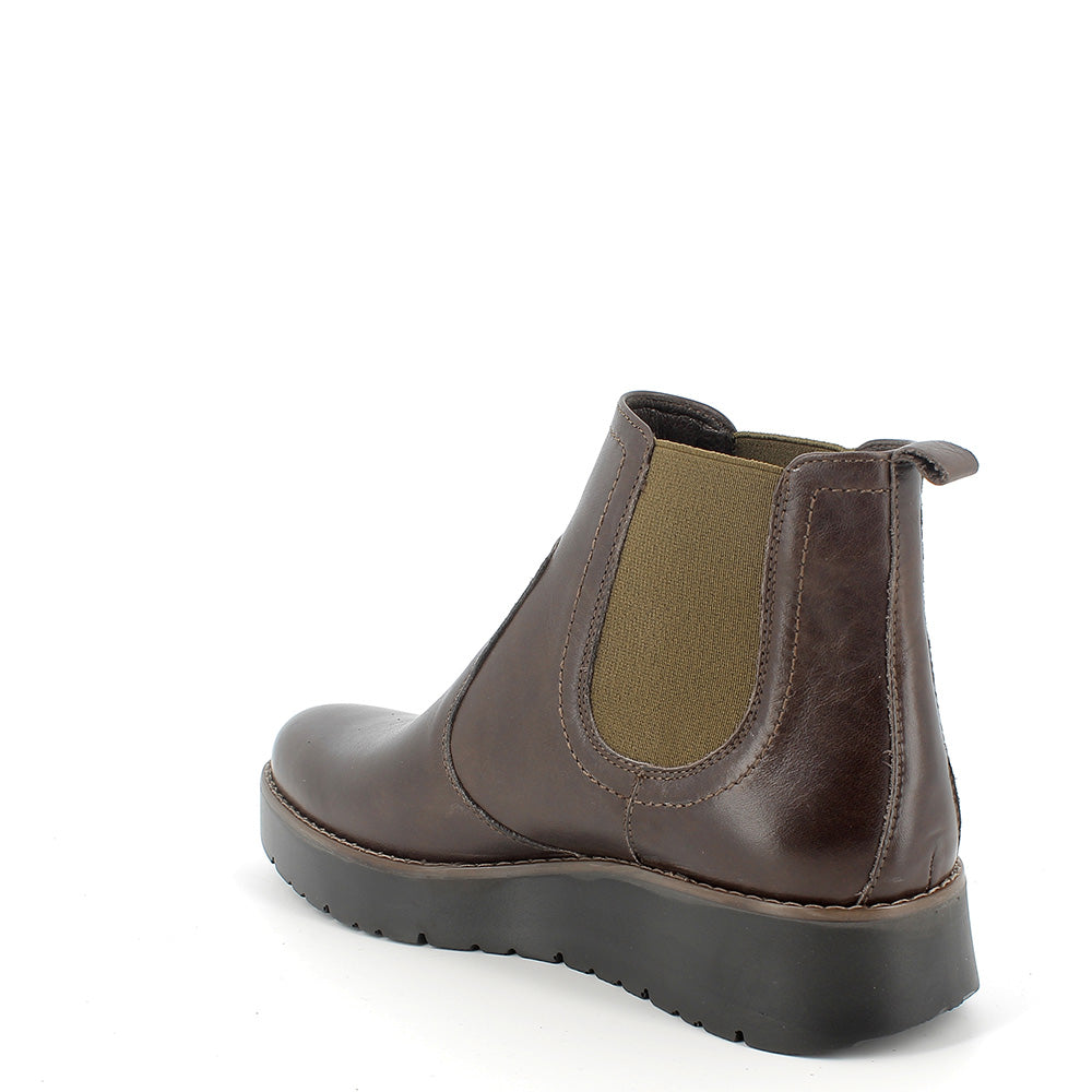 Tronchetto marrone scuro in pelle con elastici laterali e zeppa 3,2 cm