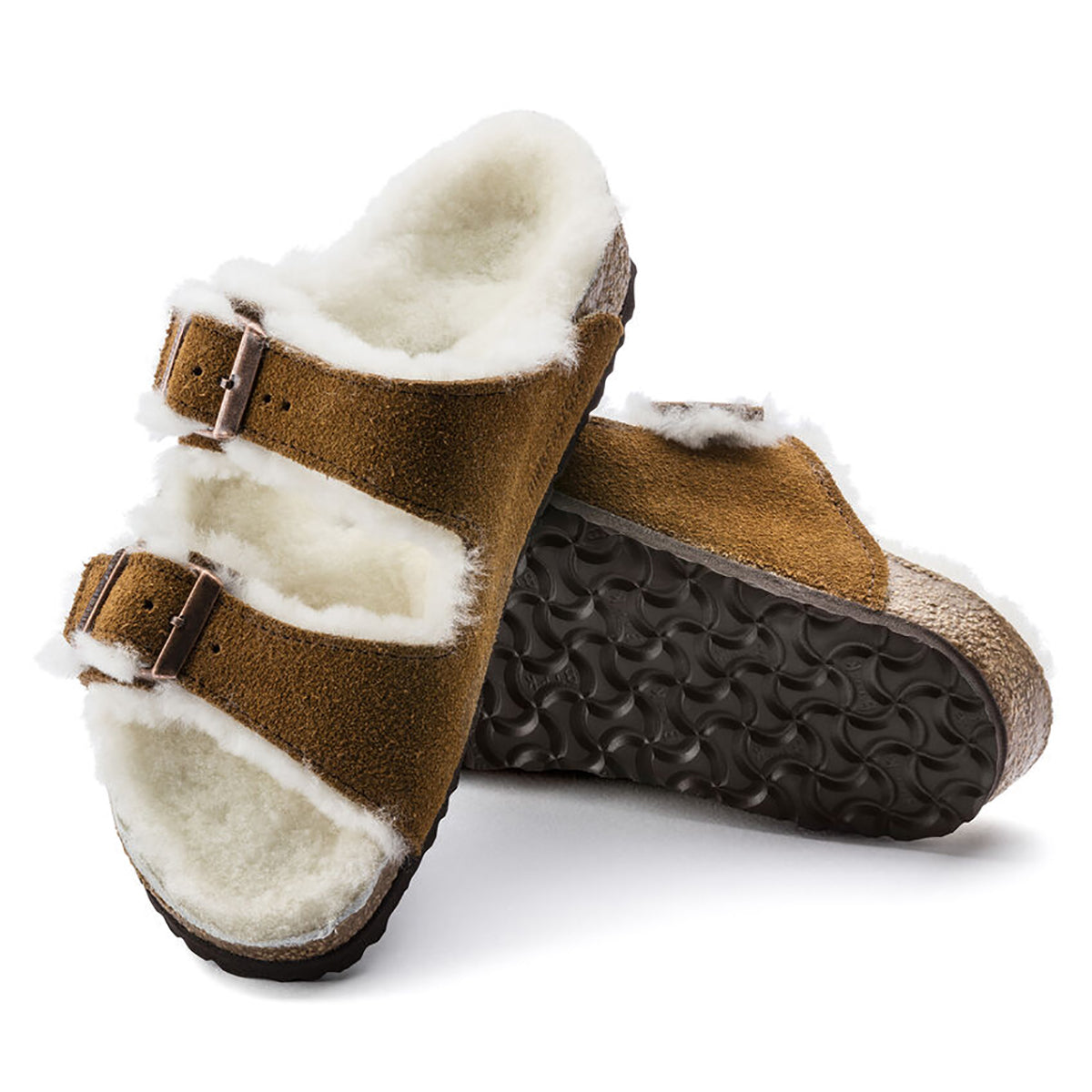 sandalo donna "Arizona" in Shearling Suede marrone e bianco