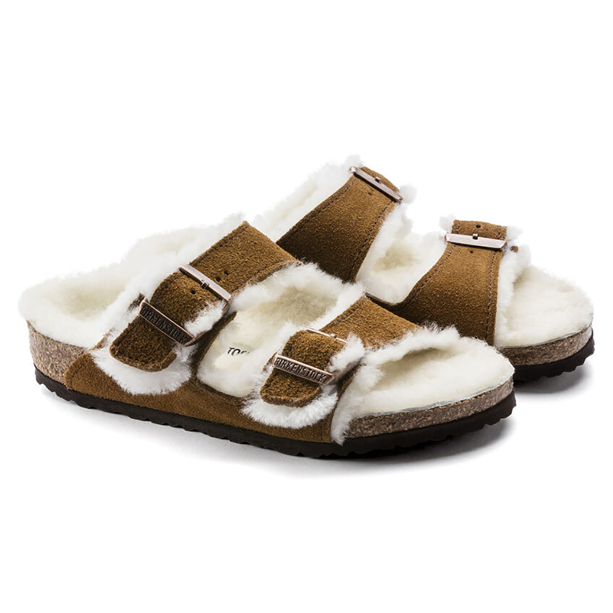 sandalo donna "Arizona" in Shearling Suede marrone e bianco