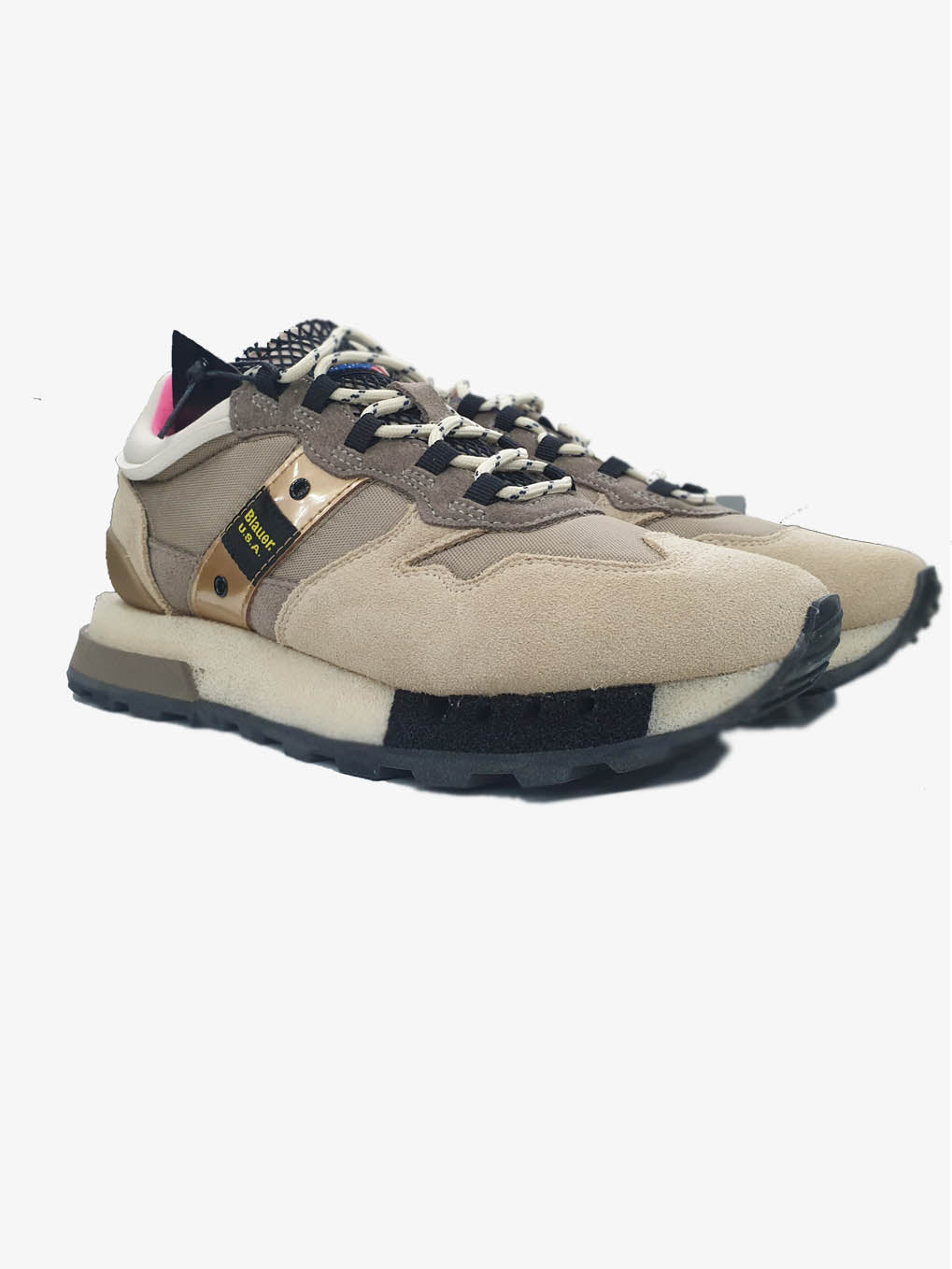 Sneakers "Houma" Beige in Tessuto e Pelle con Dettagli Oro e Rosa
