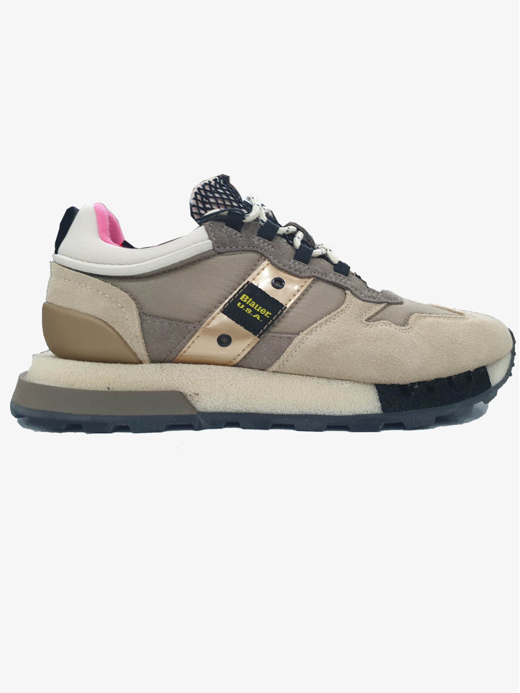 Sneakers "Houma" Beige in Tessuto e Pelle con Dettagli Oro e Rosa