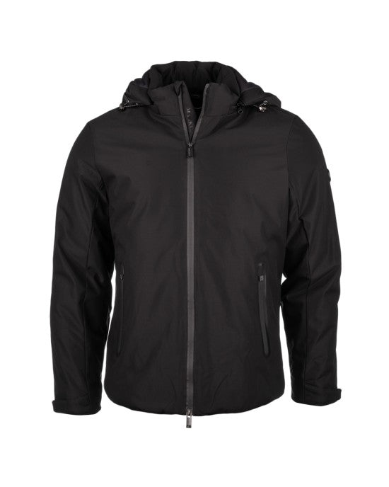 Parka Uomo Nero Impermeabile con Cappuccio e Zip a Contrasto