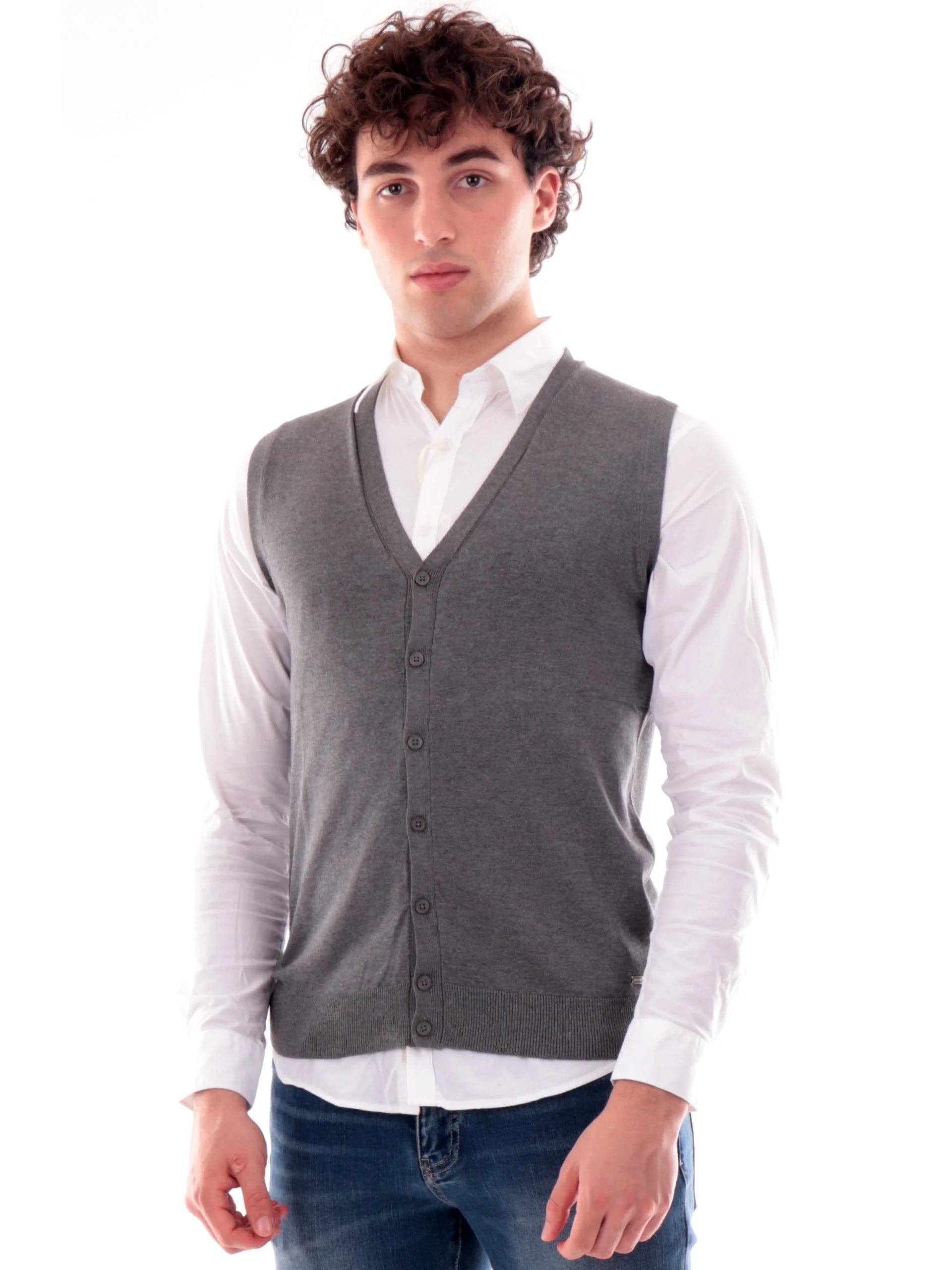 Gilet Grigio in Maglia con Scollo a V e Chiusura a Bottoni