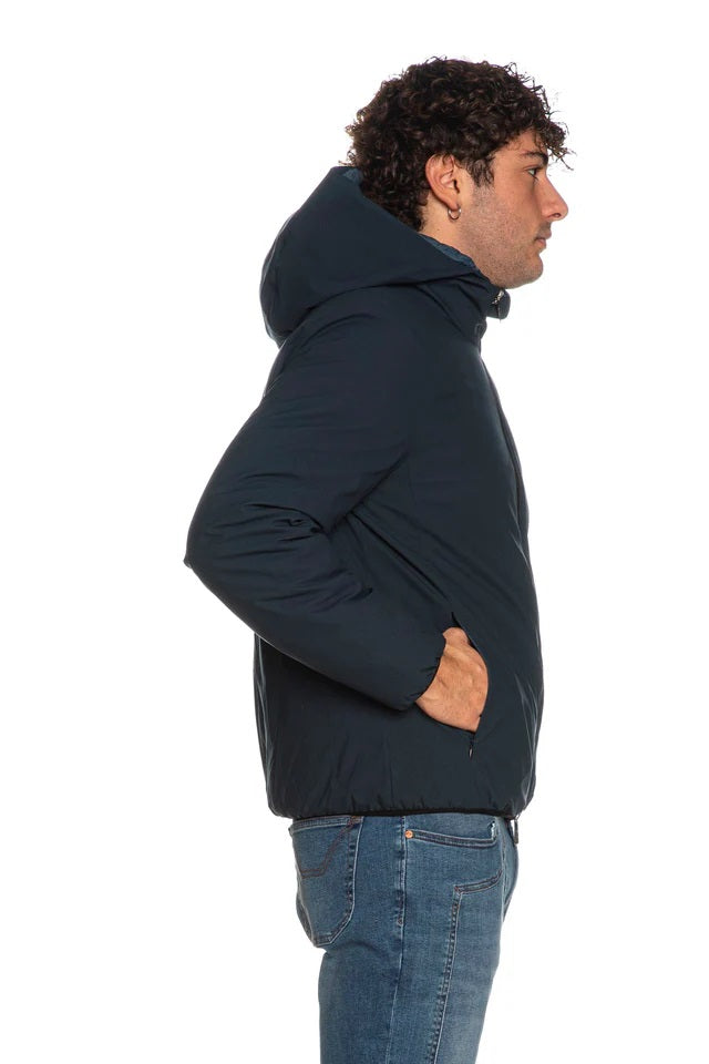 Giubbotto Reversibile Blu con Cappuccio e Imbottitura Sintetica