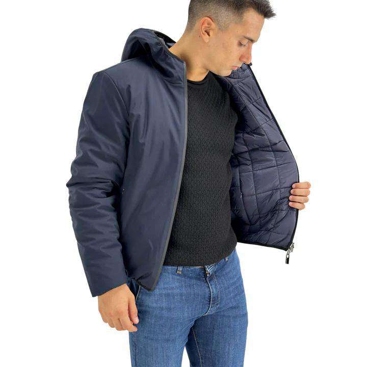 Giubbotto Reversibile Blu con Cappuccio e Imbottitura Sintetica