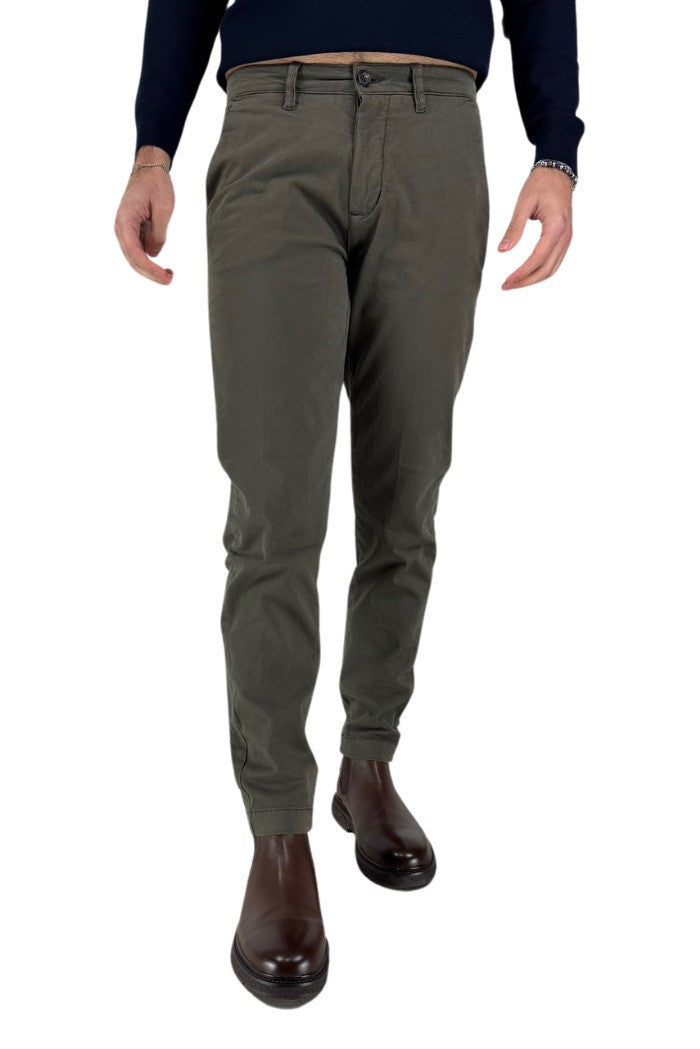 Pantaloni Verde Militare in Twill di Cotone Stretch Regular Fit