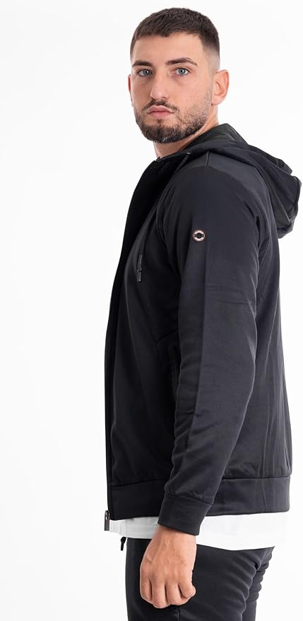 Felpa nera da uomo in tessuto tecnico con cappuccio e zip