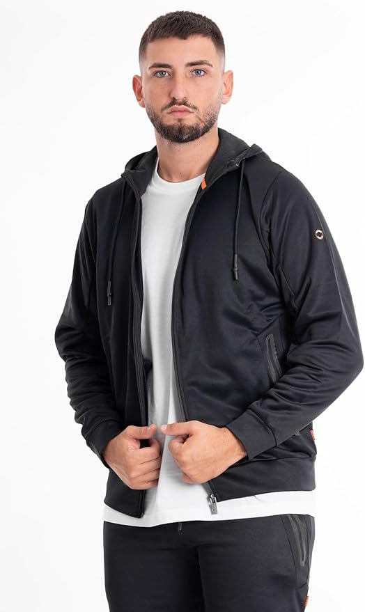 Felpa nera da uomo in tessuto tecnico con cappuccio e zip