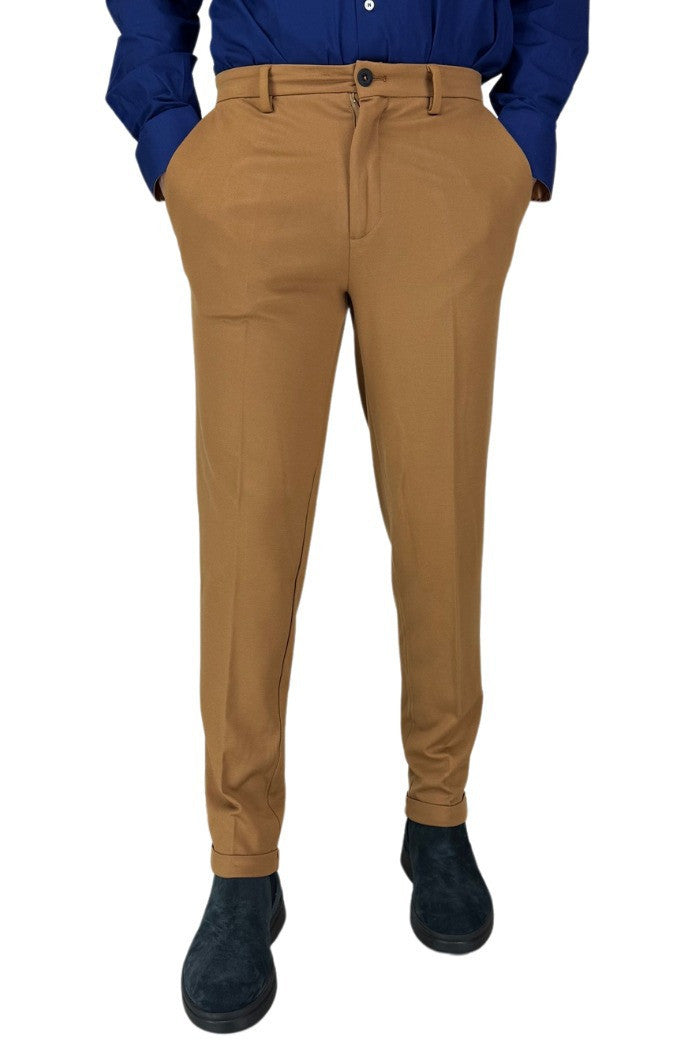 Pantaloni Cropped Carrot Cammello in Punto Milano con Vita Media