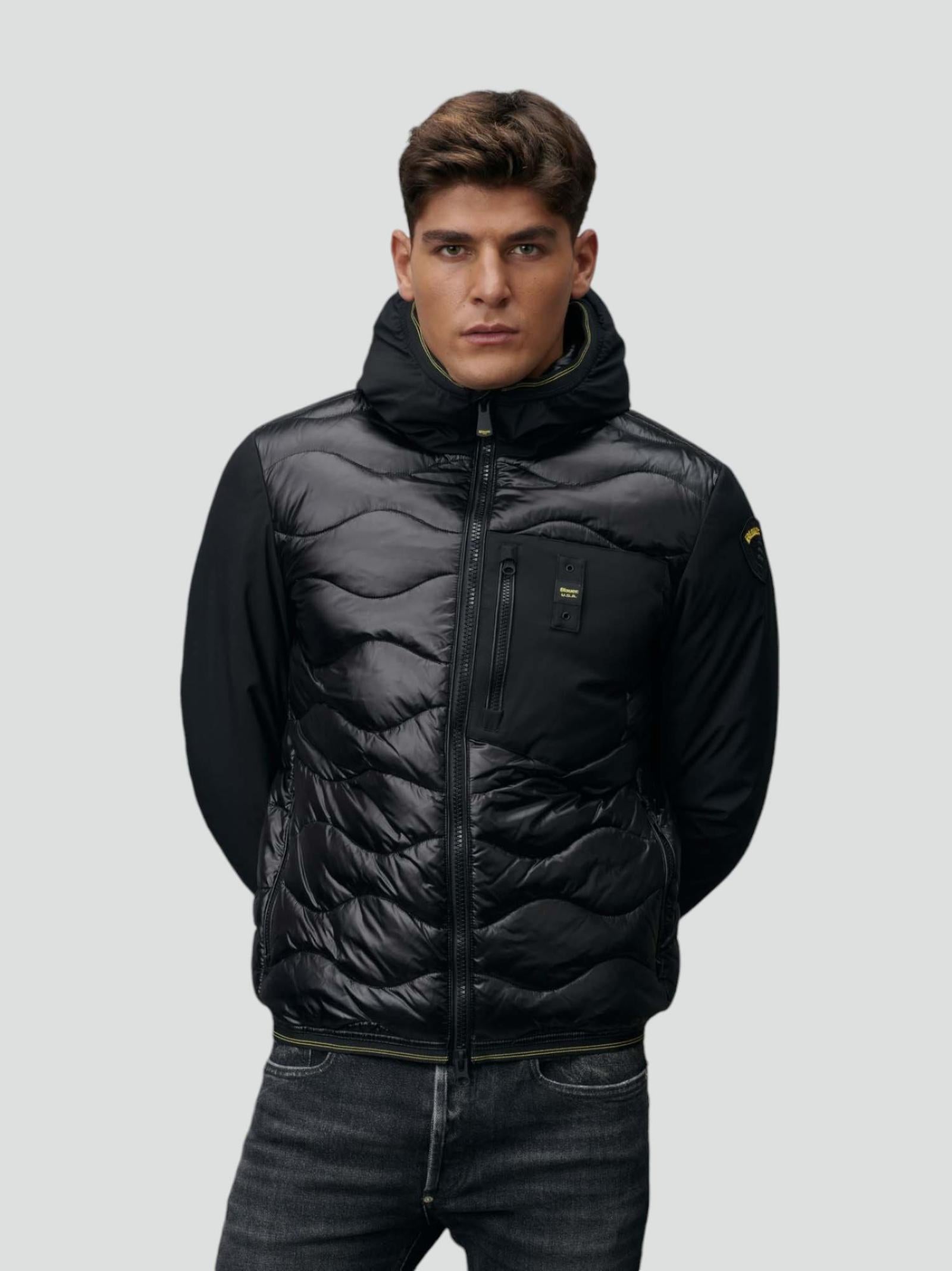 Piumino Nero "Albert" con Maniche in Neoprene e Trapuntatura ad Onde