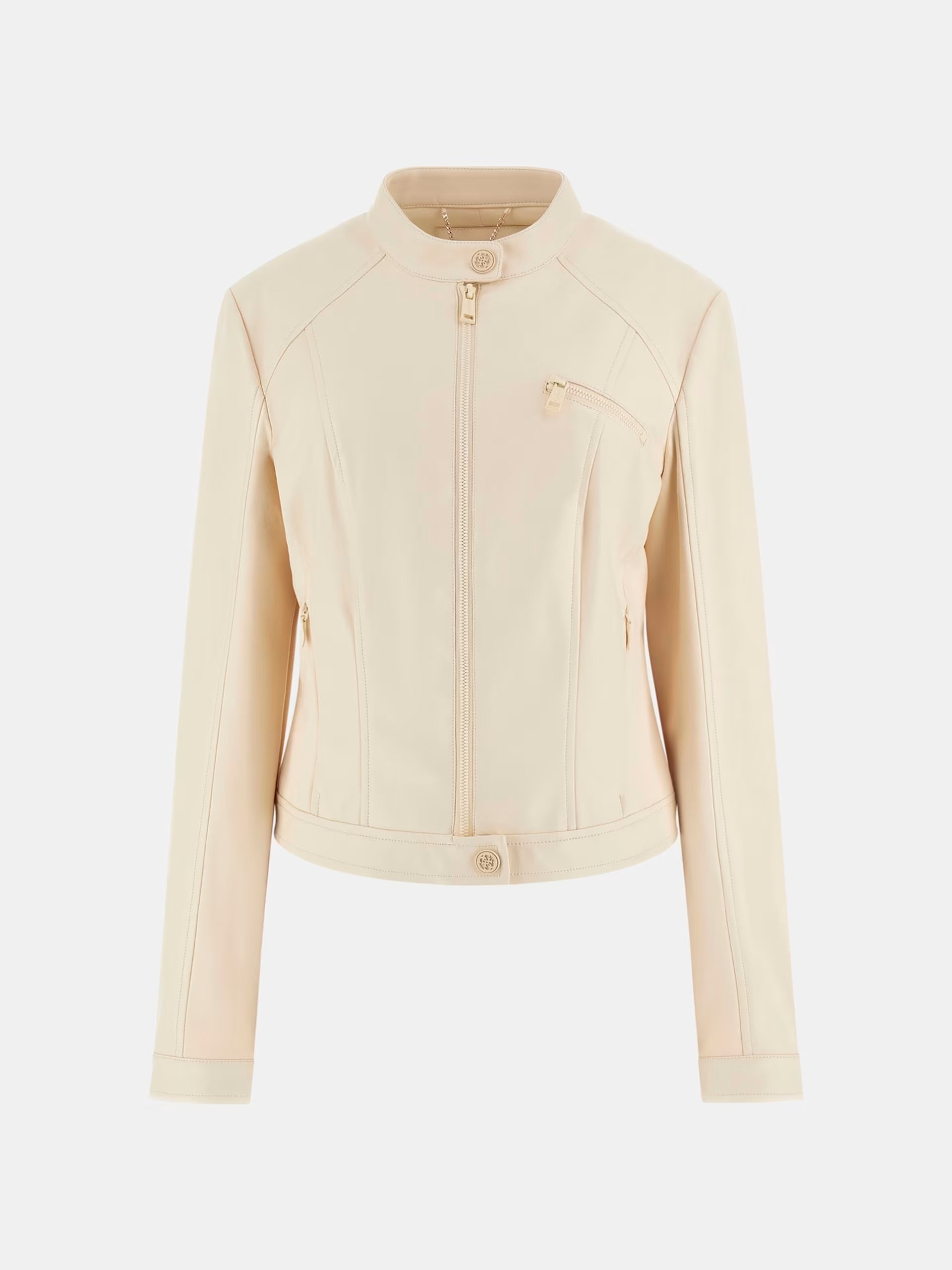 Giacca Biker Bianca in Similpelle con Collo alla Coreana