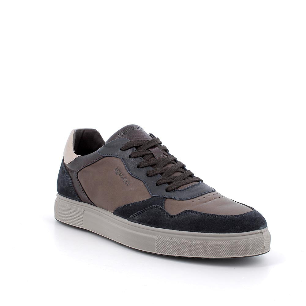 Sneakers caffè-blu scuro in pelle e scamosciato con suola leggera