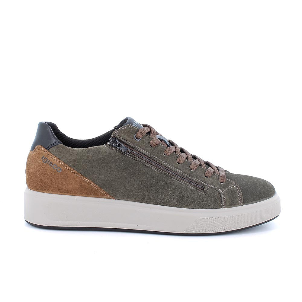 Sneakers bosco-cognac in pelle scamosciata con lacci e zip laterale