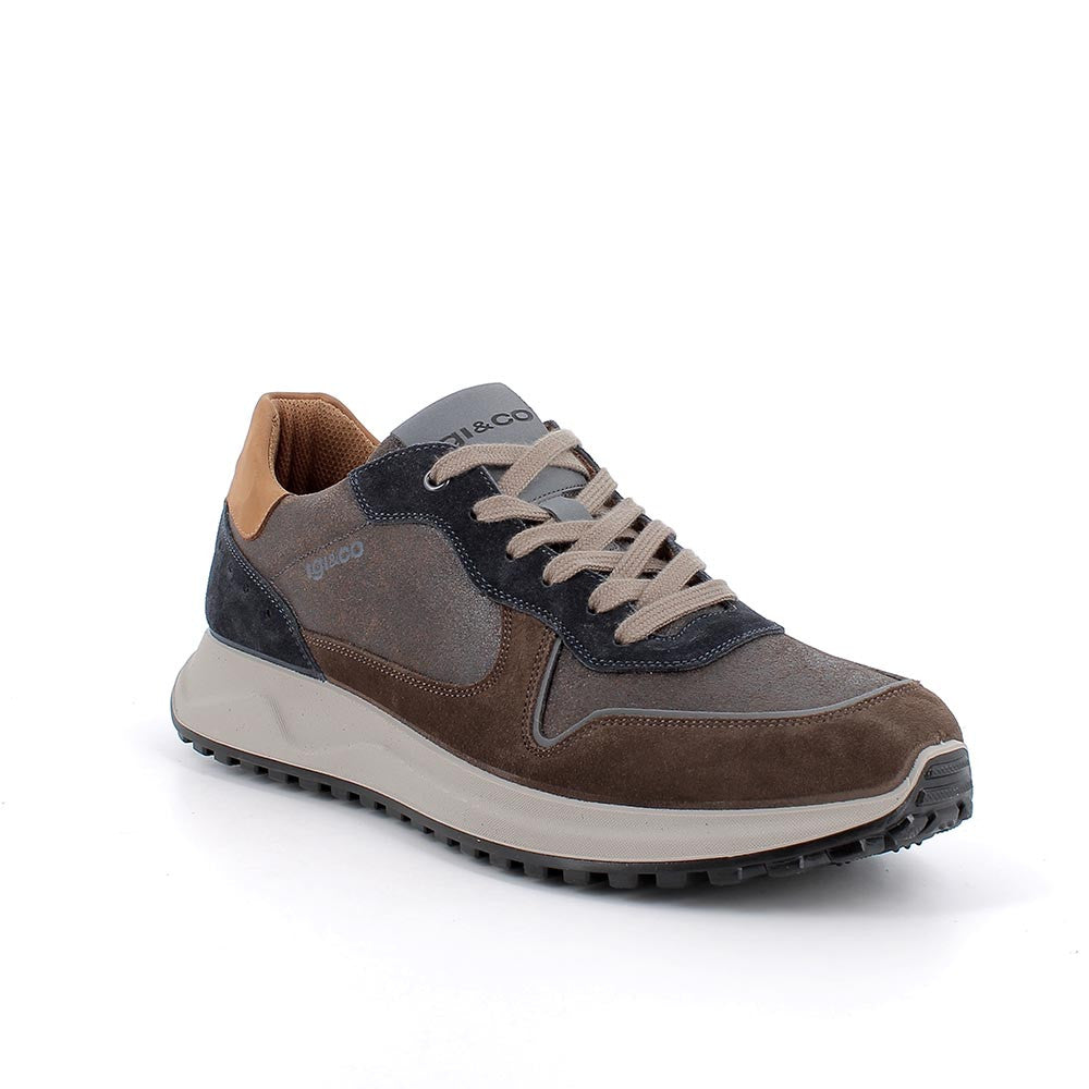 Sneakers marrone-blu in pelle scamosciata con inserti a contrasto
