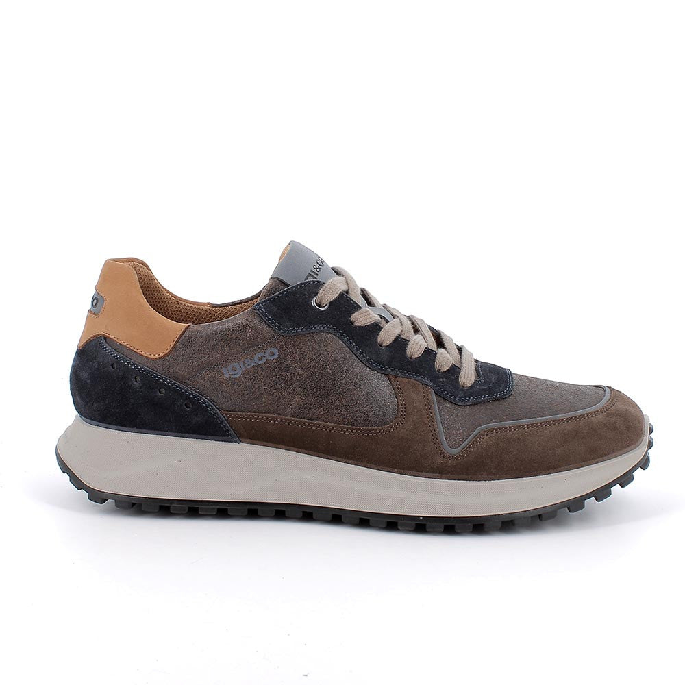 Sneakers marrone-blu in pelle scamosciata con inserti a contrasto