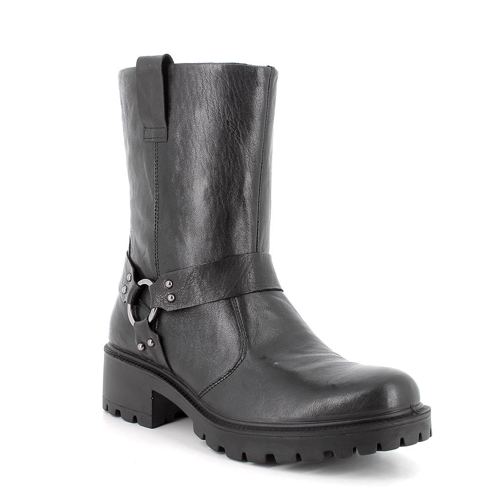 Stivaletti biker da donna neri in pelle laminata con zip e tacco 4,5 cm