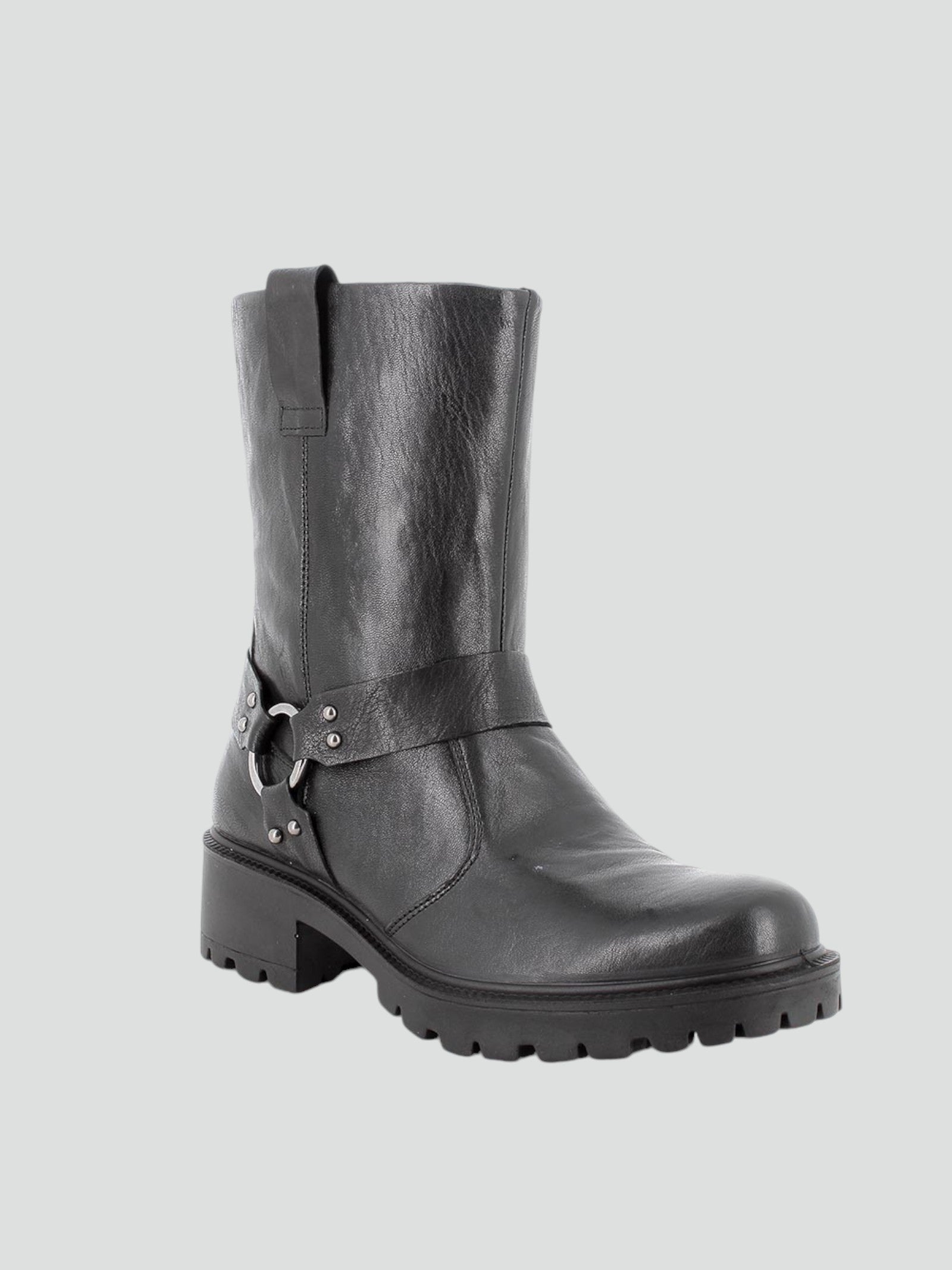 Stivaletti biker da donna neri in pelle laminata con zip e tacco 4,5 cm