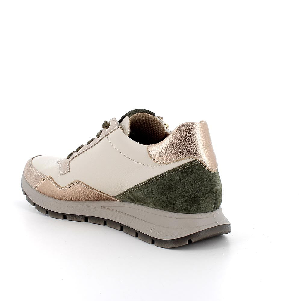 Sneakers avorio in pelle stampata e scamosciata con lacci e zip