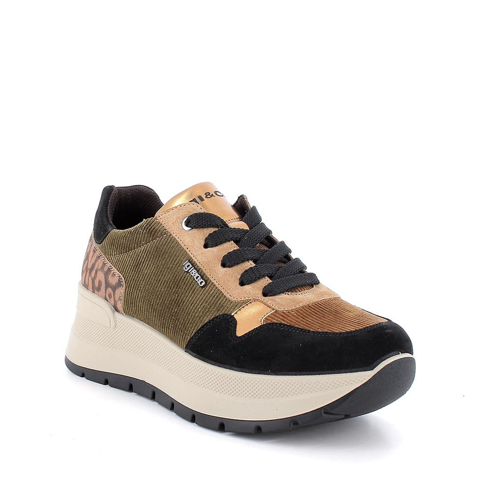 Sneakers con zeppa nero-marrone in scamosciato e velluto con lacci