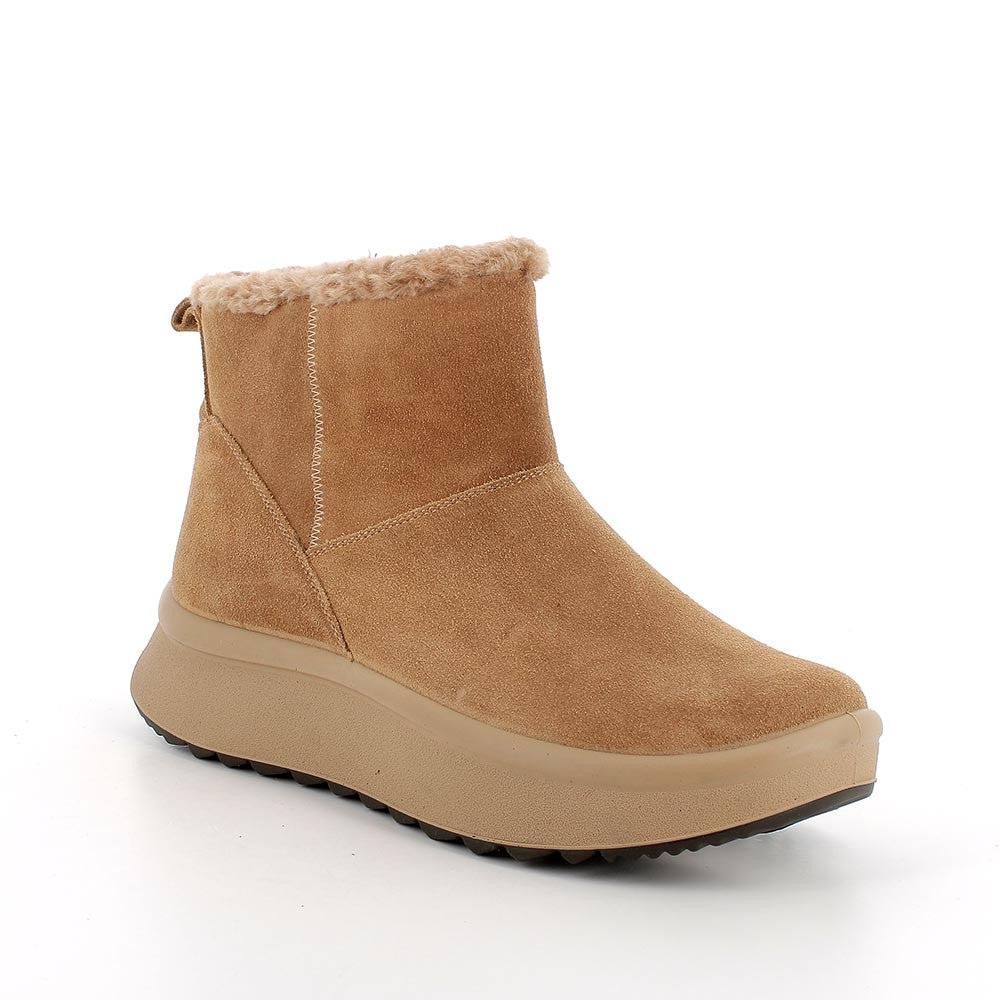 Stivaletti eco-sostenibili caramel in pelle scamosciata con zeppa 4,4 cm