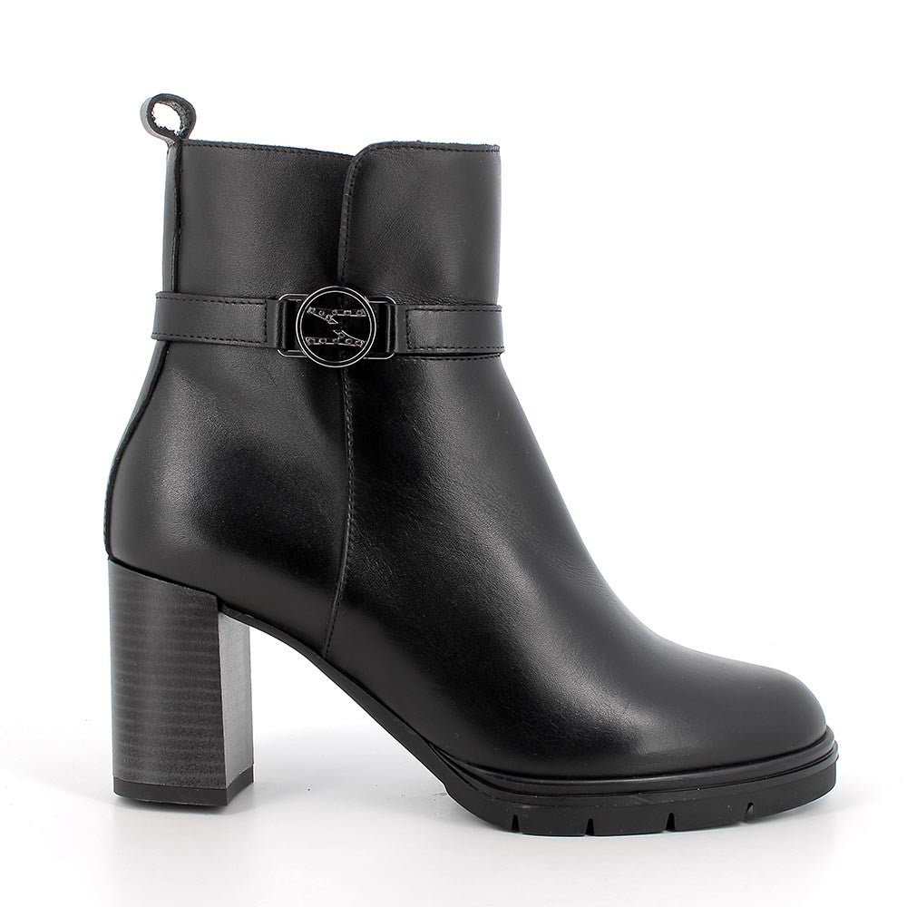 Stivaletti da donna neri in pelle con cinturino alla caviglia e tacco 8 cm