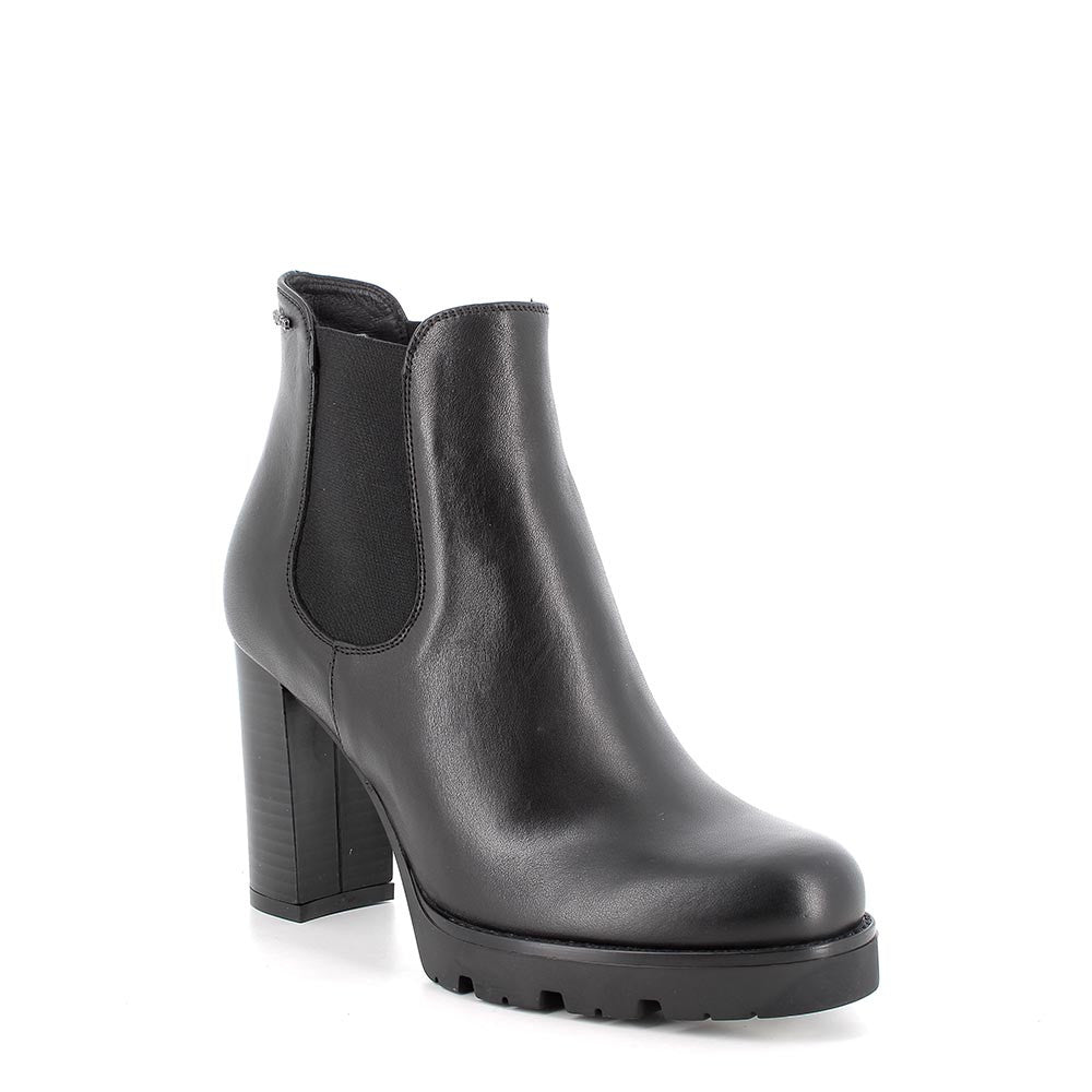 Stivaletti neri in pelle con tacco alto 9,8 cm ed elastico laterale