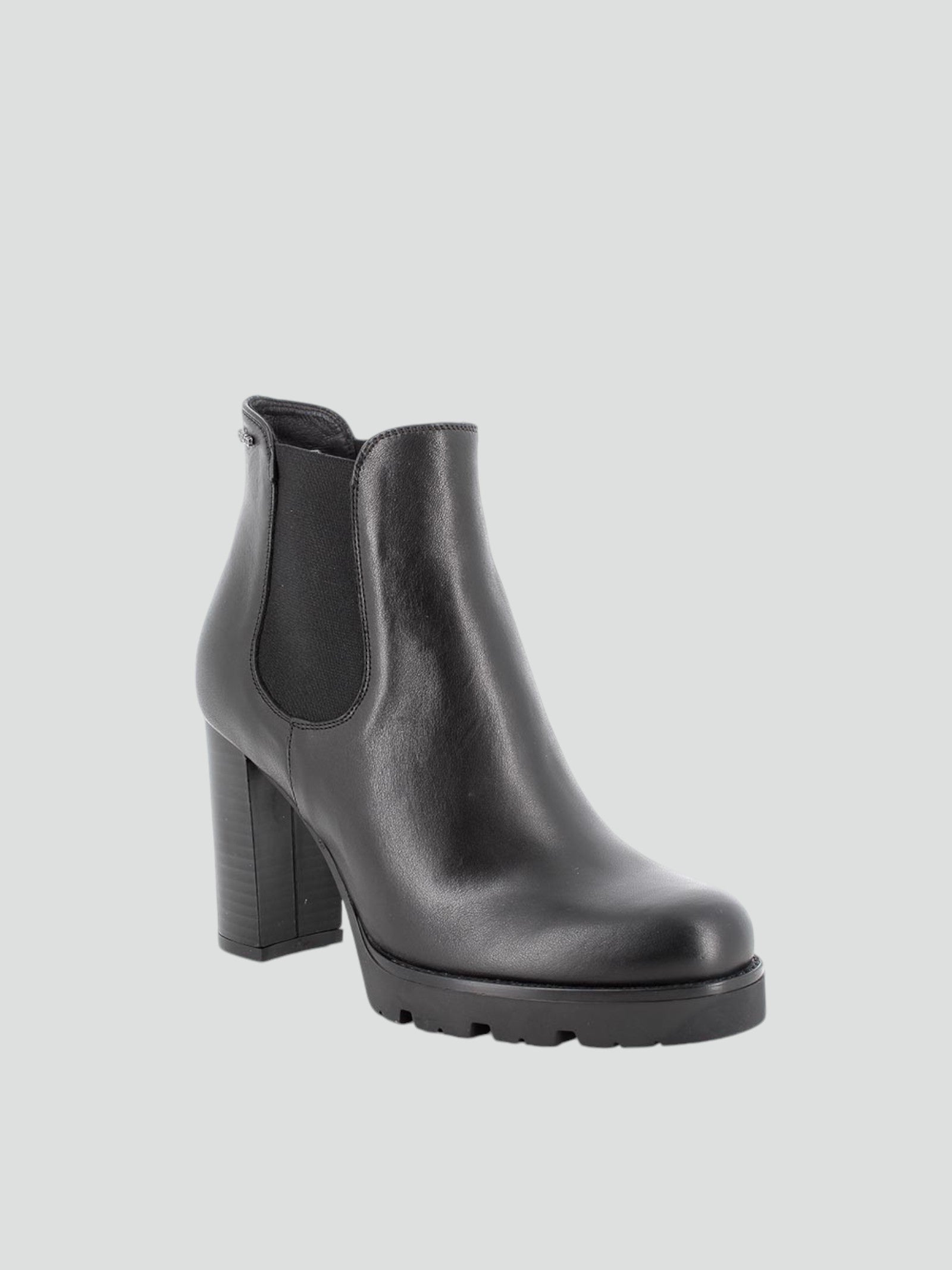 Stivaletti neri in pelle con tacco alto 9,8 cm ed elastico laterale