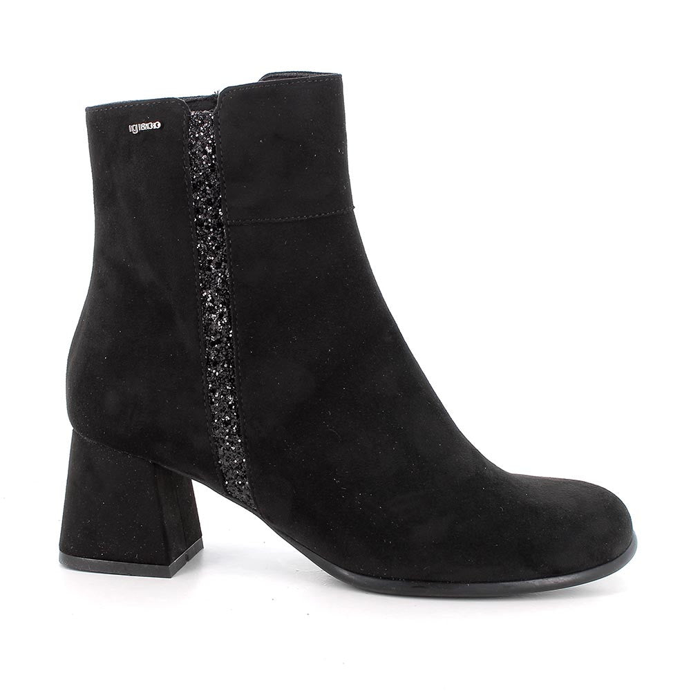 Stivaletti neri con tacco 6 cm in scamosciato sintetico e dettaglio glitter
