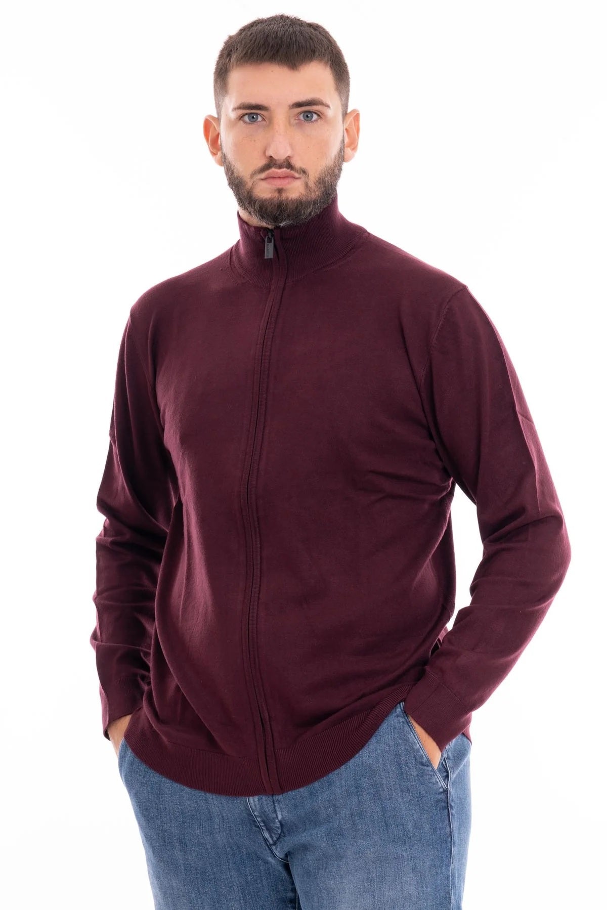 Maglia con zip bordeaux in filato finezza 12 Viscose Blend