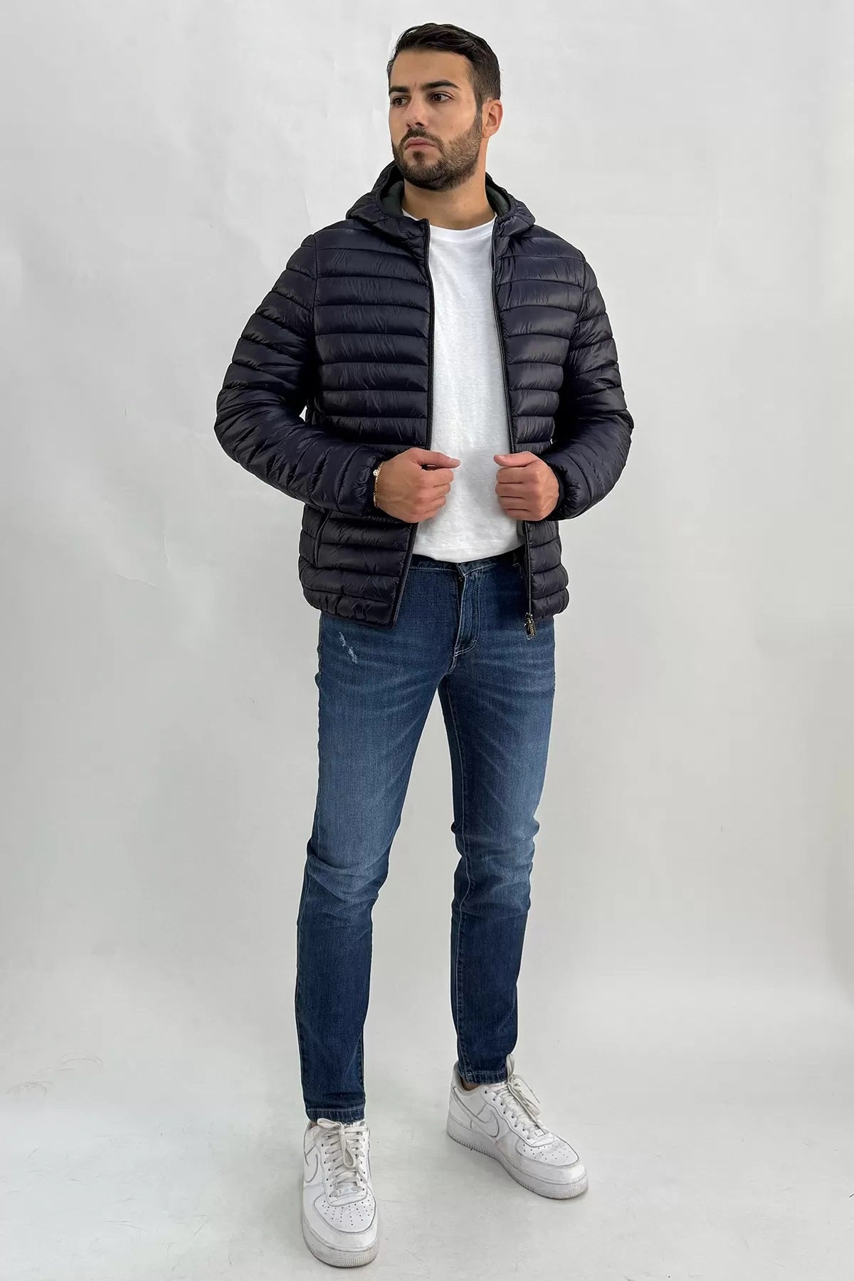 Piumino Blu Uomo con Cappuccio in Nylon Superleggero