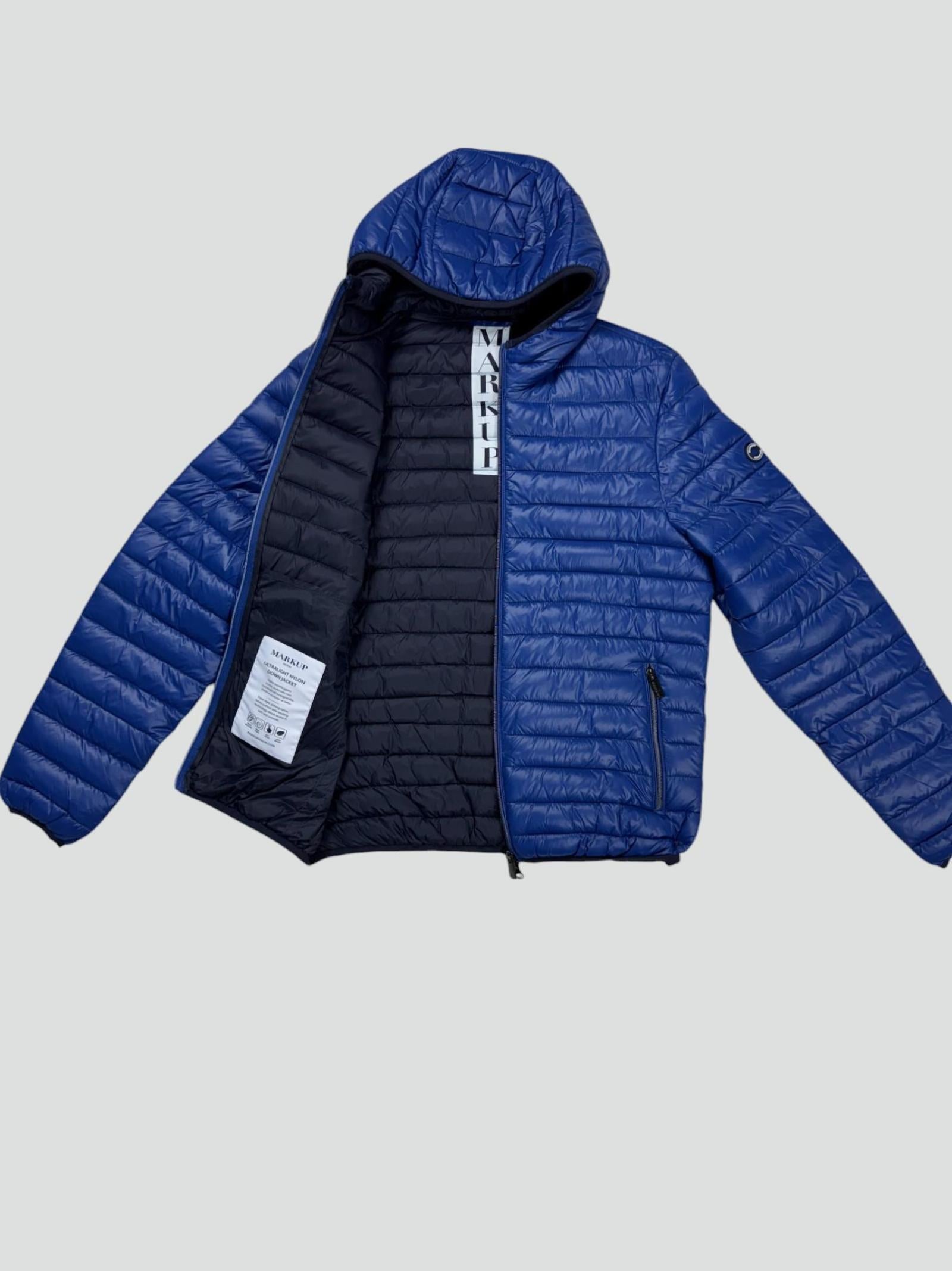 Piumino Blu denim con Cappuccio in Nylon Superleggero