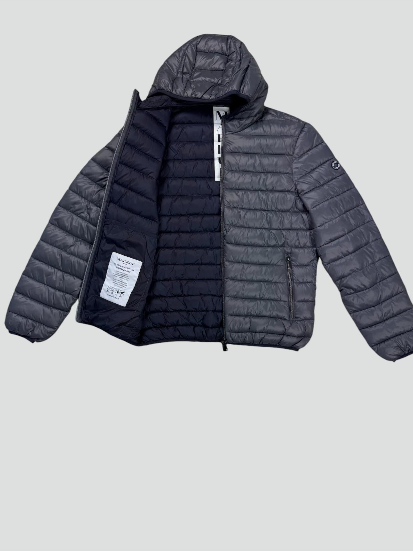 Piumino grigio piombo con Cappuccio in Nylon Superleggero