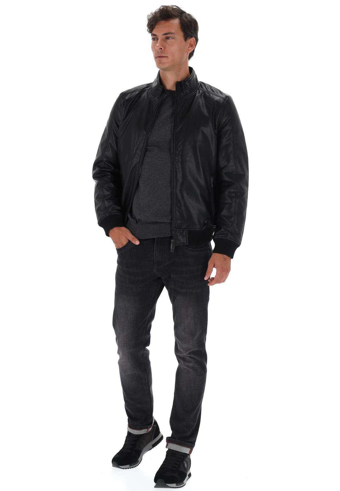 Giubbino Uomo in Ecopelle Nera con Zip e Finiture Elasticizzate