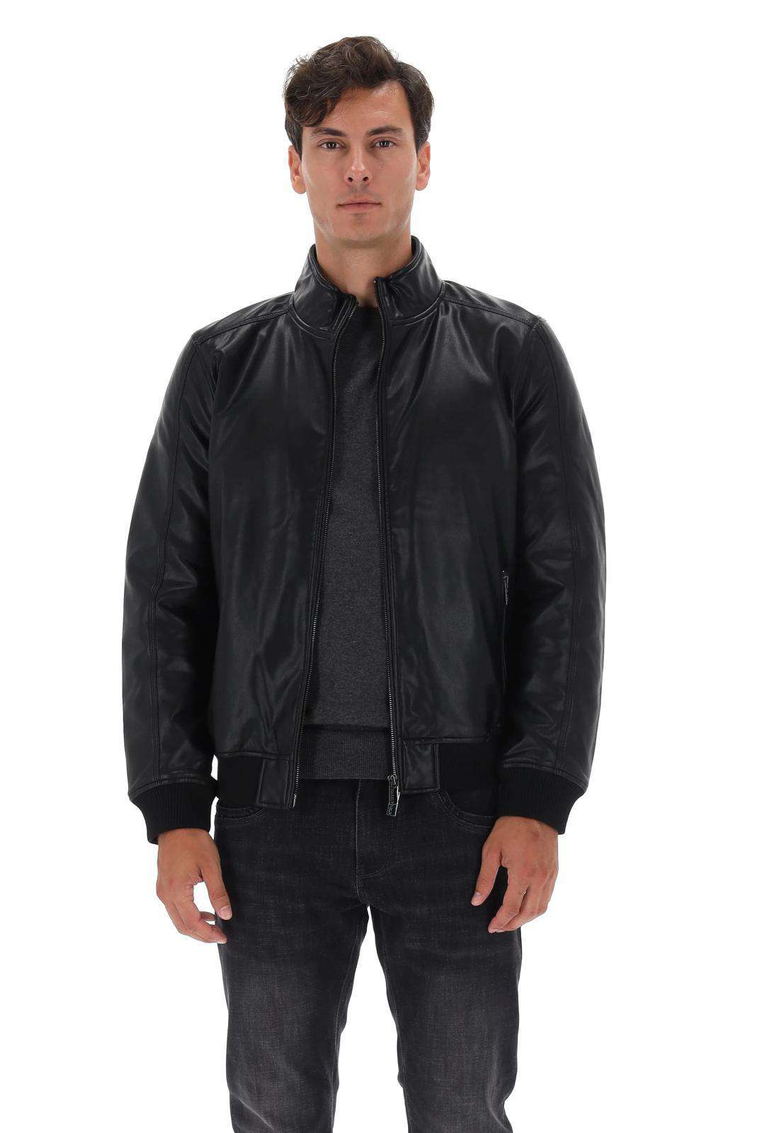 Giubbino Uomo in Ecopelle Nera con Zip e Finiture Elasticizzate