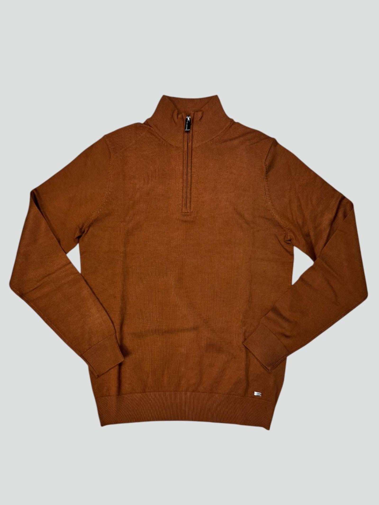 Maglioncino Mezza Zip tabacco in Misto Viscosa con Collo Alto