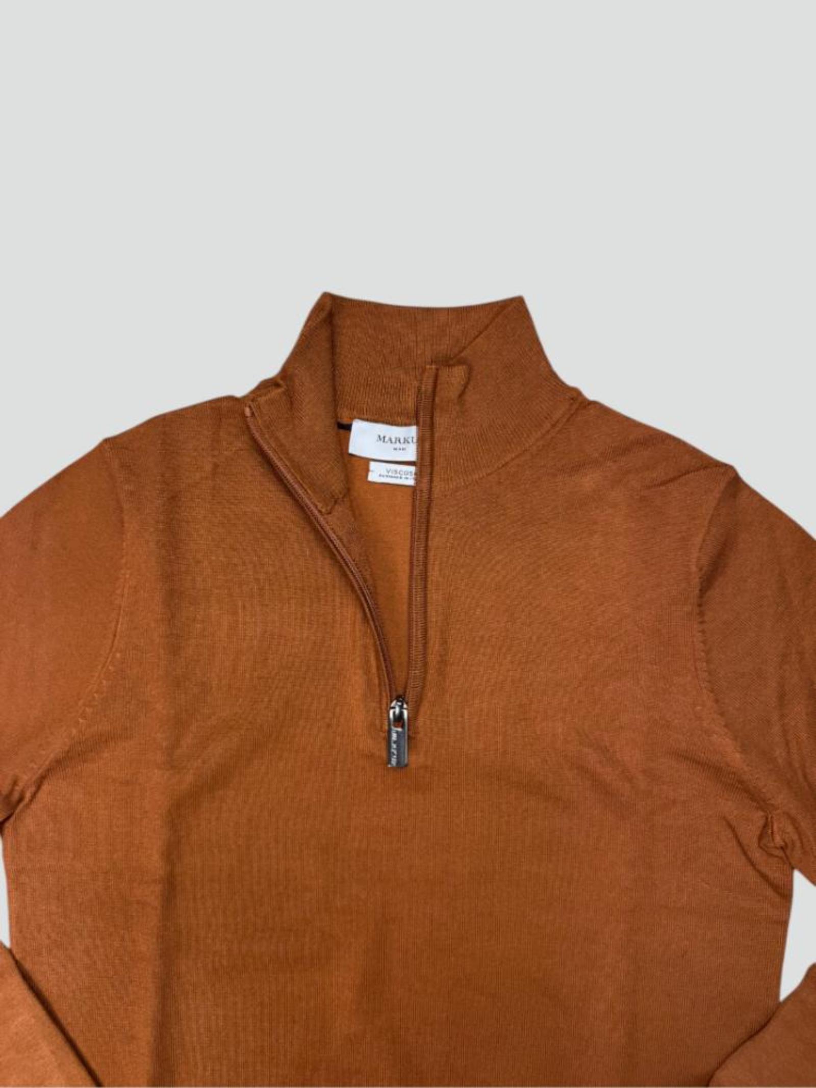 Maglioncino Mezza Zip tabacco in Misto Viscosa con Collo Alto