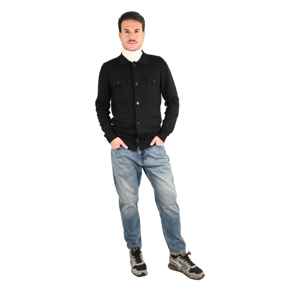 Camicia Maglia Nera con Bottoni e Tasche Frontali