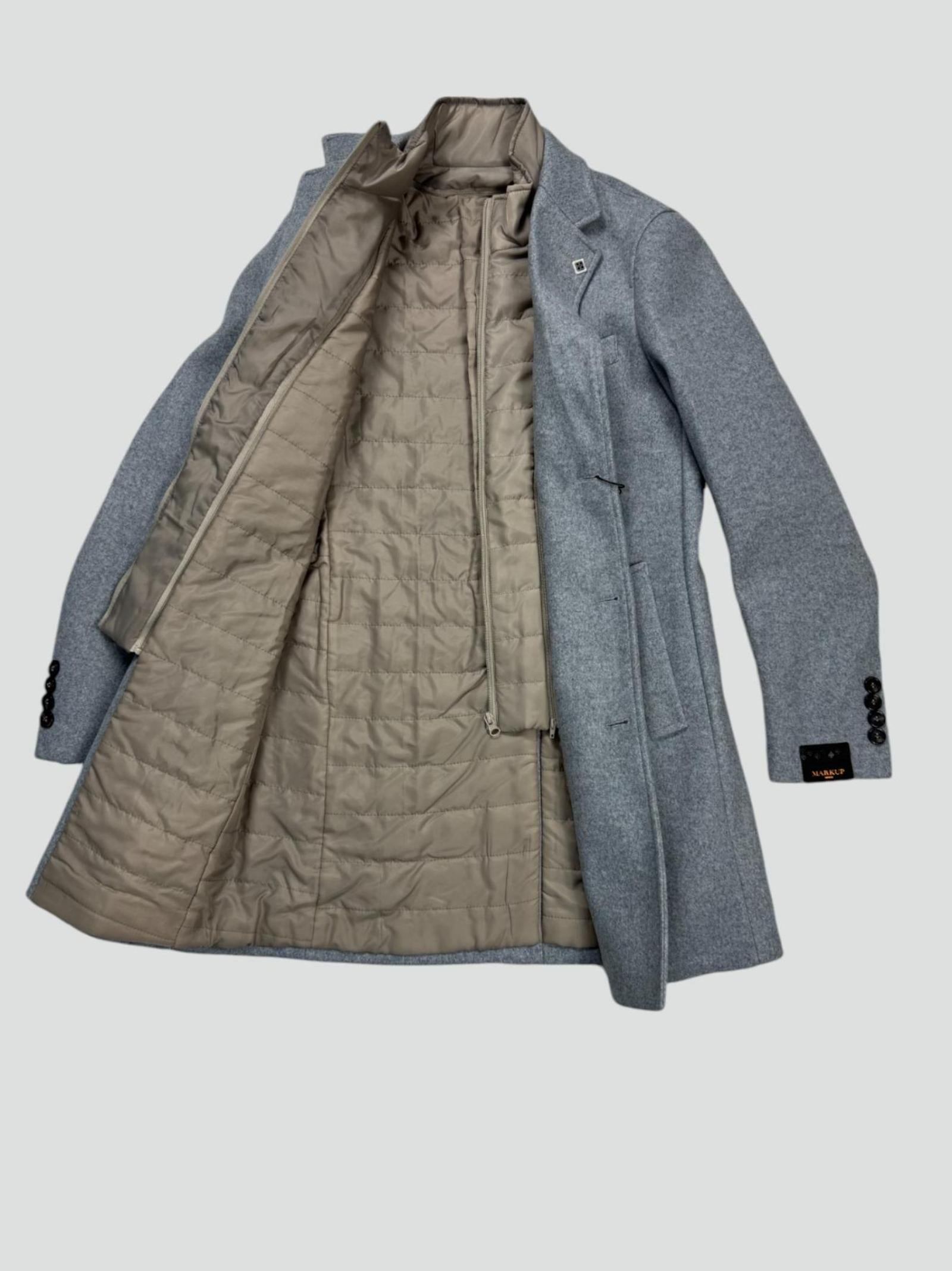 Cappotto Grigio Melange Monopetto con Pettorina Interna