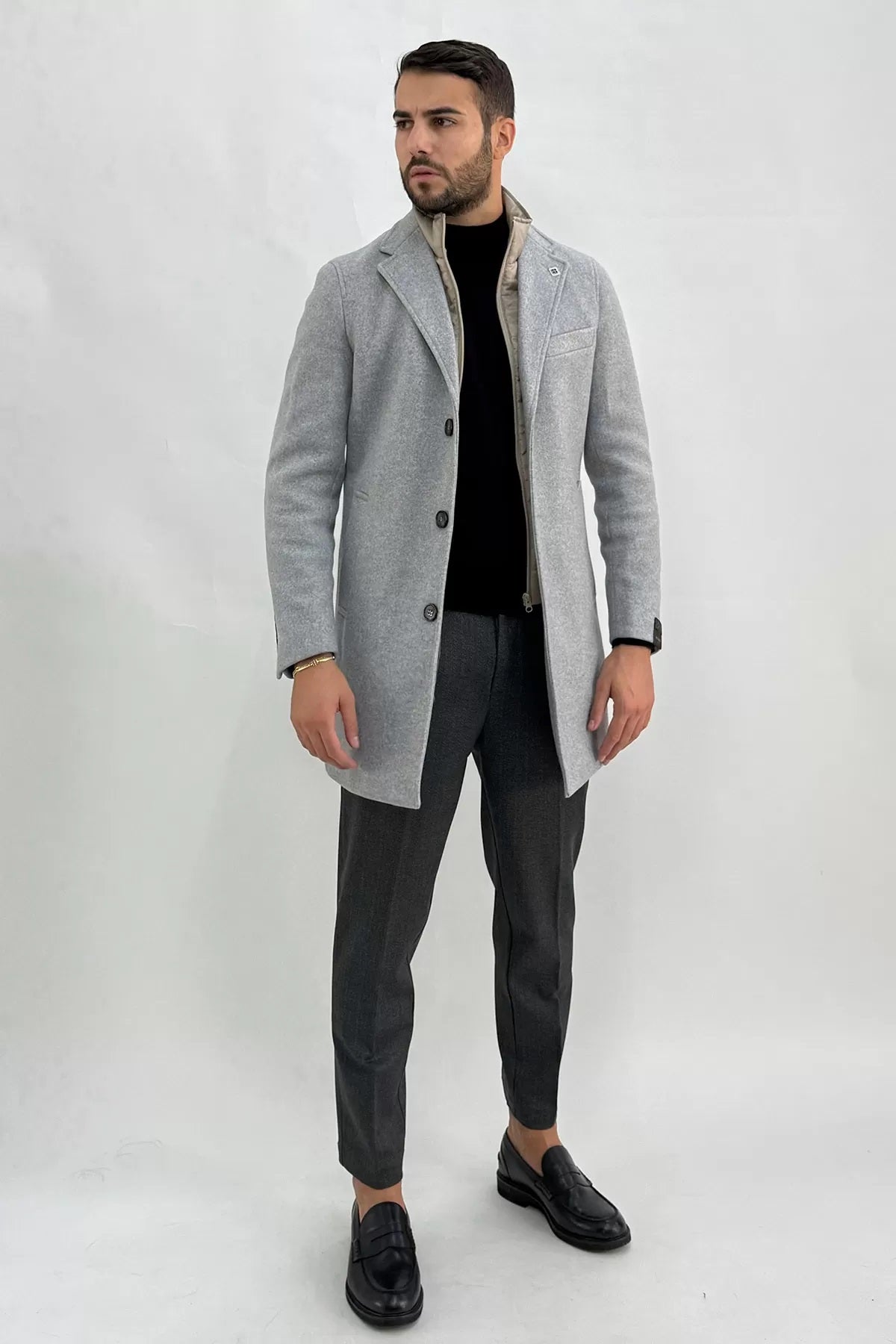 Cappotto Grigio Melange Monopetto con Pettorina Interna