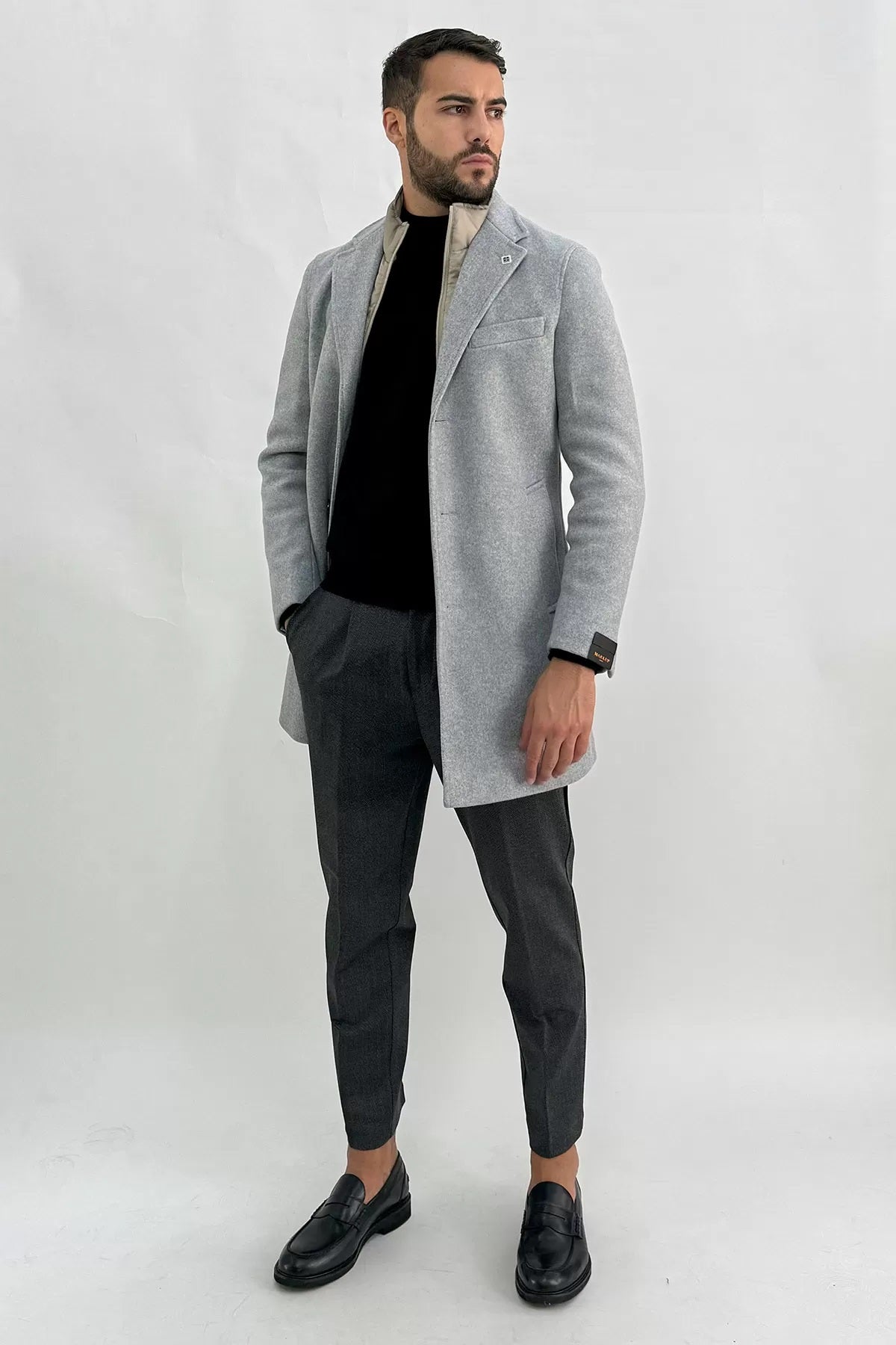 Cappotto Grigio Melange Monopetto con Pettorina Interna