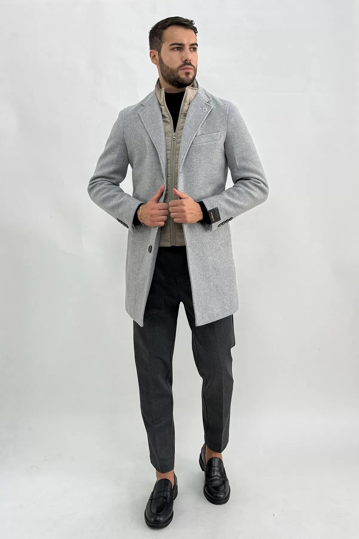 Cappotto Grigio Melange Monopetto con Pettorina Interna