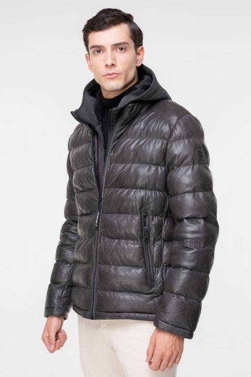 Piumino in Pelle "Callisto" nero/grigio in Pelle di Pecora con Imbottitura