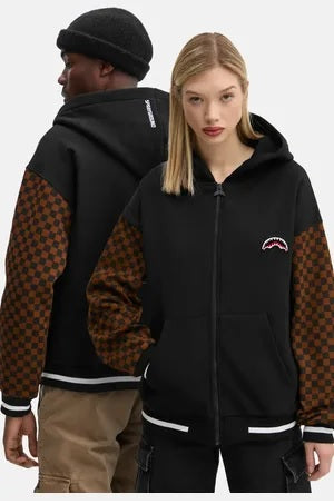Felpa nero e marrone con cappuccio e zip centrale