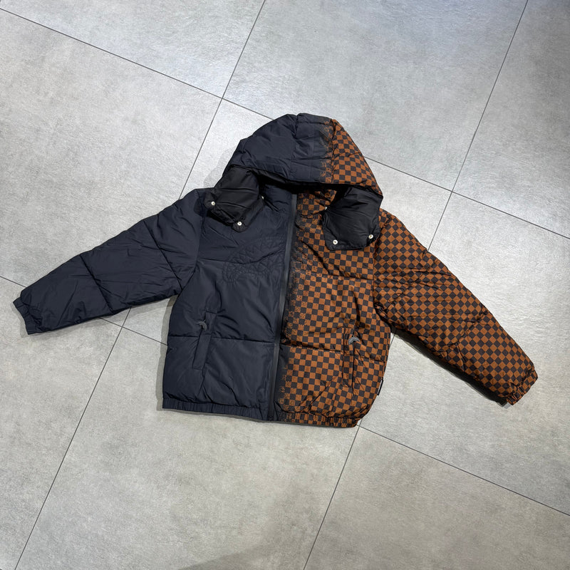 Piumino Nero e Check Marrone Trapuntato con Cappuccio in Nylon