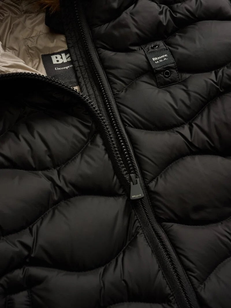 Piumino Lungo "Lynel" Nero con Interno Beige e Pelliccia Removibile